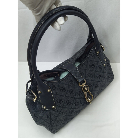 Dooney & Bourke Gray Canvas Leather Trim DB Printed Hook Satchel Shoulder Bag - Picture 6 of 16